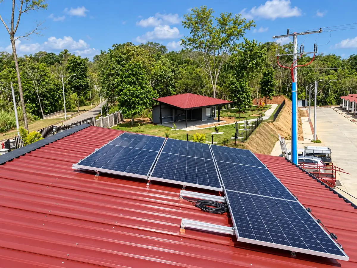 Paneles solares sobre el techo de una garita de seguridad